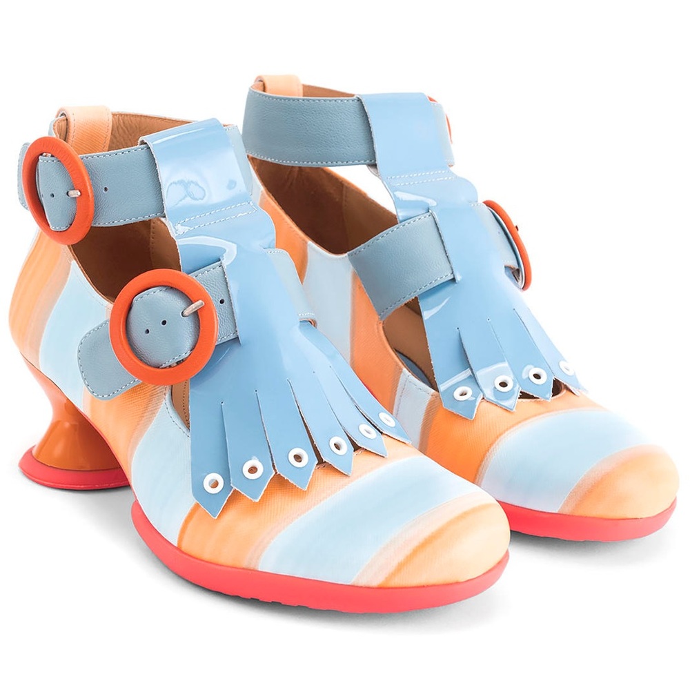 John Fluevog Blue and Orange Heels with Sculptural Design
